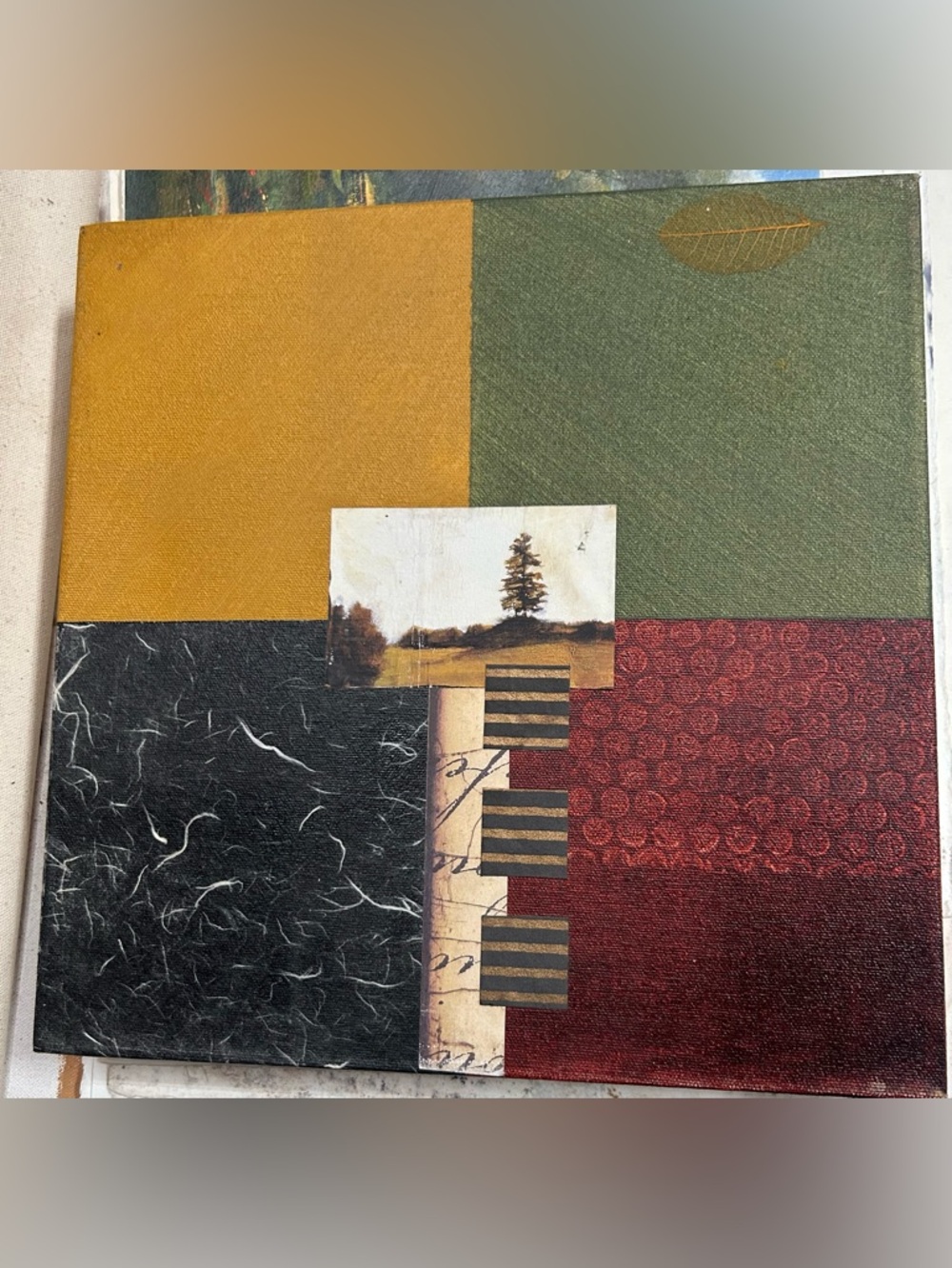 Abstract Canvas Painting in Gold, Green, Black, Red 12x12